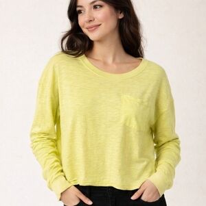 BOBI Los Angeles LS Boxy Cropped pocket Top In Lime Green Sz Medium